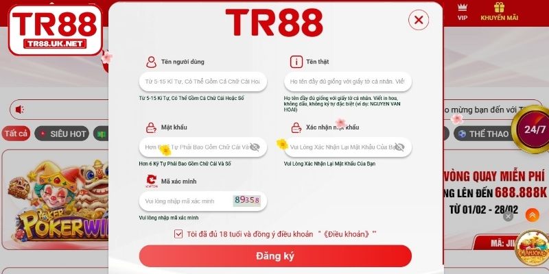 Hướng dẫn người chơi cách đăng ký TR88 dễ hiểu