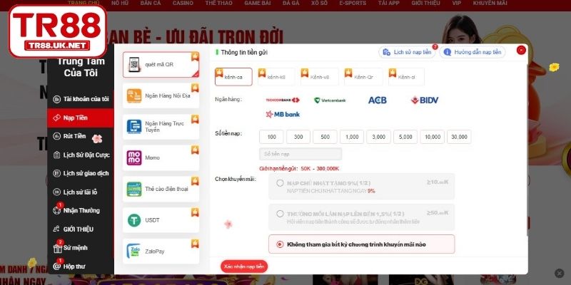 Nạp tiền TR88 bằng quét mã QR