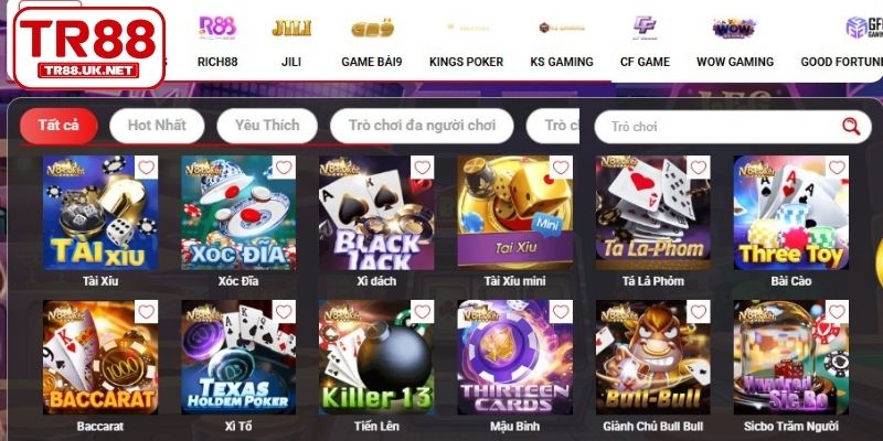 Những sảnh chơi game bài có tại TR88